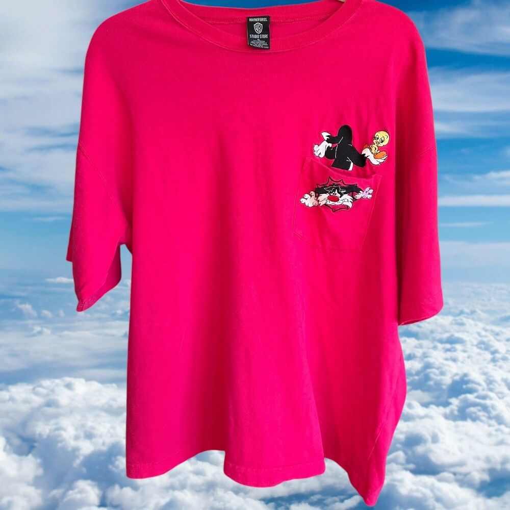 Vintage Warner Bros Studio Store Sylvester Tweety Pocket Shirt Pink Size XL Y2K